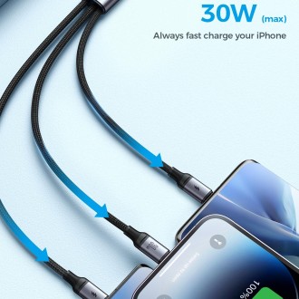 JOYROOM A21 30W Type-C to 8 Pin+Type-C+Micro USB 3 in 1 Charging Cable, Length: 1.5m(Black)