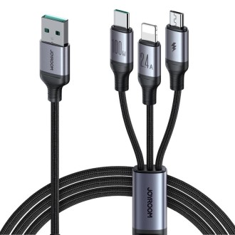 JOYROOM A21 100W USB to 8 Pin+Type-C+Micro USB 3 in 1 Charging Cable, Length: 1.2m(Black)