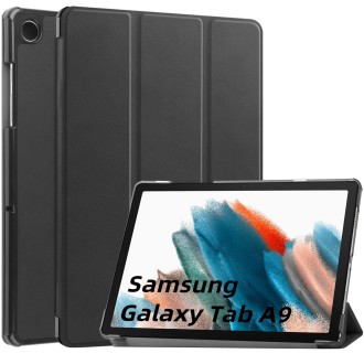 For Samsung Galaxy Tab A9 Custer Pure Color 3-Fold Holder Leather Tablet Case(Black)