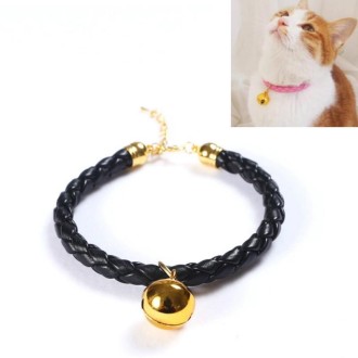 Prepared PU Leather Adjustable Pet Bell Collar Cat Dog Rabbit Simple Collar Necklace, Size:M 25-30cm(Black)