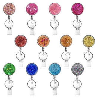 2pcs  Diamond Glitter Sequins Retractable Pull Badge Reel Name Tag Card Badge Holder(Purple)