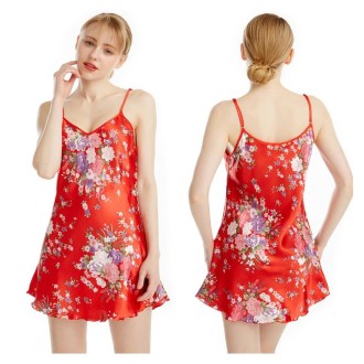 V-neck Backless Daffodils Short Sling Nightdress, Size:XXL(Red)