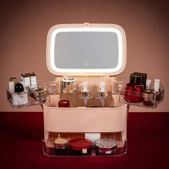 Cosmetic Storage Box Dustproof Skin Care Products Desktop LED With Mirror Shelf, Colour: Pink Large LED Light Model