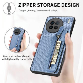 For vivo X90 Carbon Fiber Horizontal Flip Zipper Wallet Phone Case(Blue)