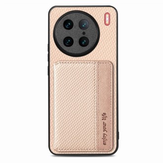 For vivo X90 Pro Carbon Fiber Magnetic Card Bag Phone Case(Khaki)