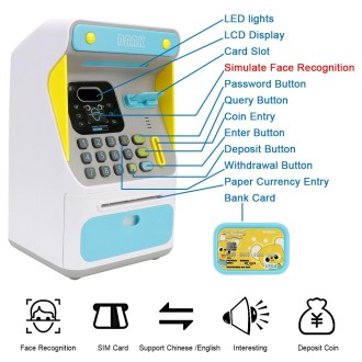 8010 Simulated Face Recognition ATM Machine Piggy Bank Password Automatic Rolling Money Safe Piggy Bank,Style: Blue