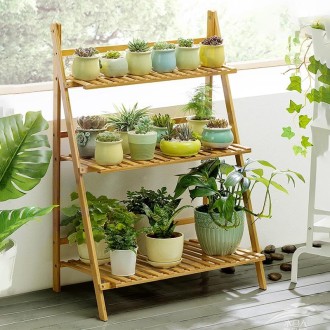 Bamboo 3-Tier Hanging Plant Stand Planter Shelves Flower Pot Storage Rack Folding Display Shelving Plants Shelf, Width: 70cm(Apr