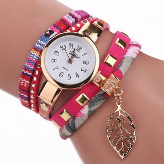 Ladies Quartz Bracelet Watch with Leaf Shape Pendant(Rose Red)