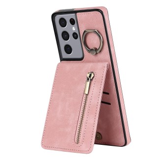 For Samsung Galaxy S21 Ultra 5G Retro Ring and Zipper RFID Card Slot Phone Case(Pink)