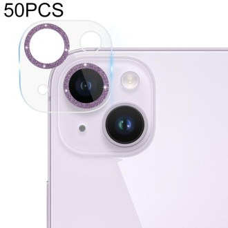 For iPhone 14 / 14 Plus 50pcs Tempered Glass Glitter CD Texture Back Camera Film(Purple)