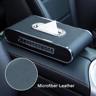 Car Dashboard Diamond Paper Towel Box with Temporary Parking Phone Number Card & Phone Holder(Black)