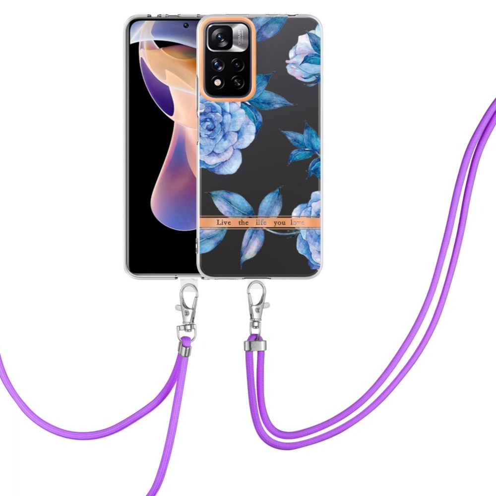 For Xiaomi Redmi Note 11 Pro / Redmi Note 11 Pro+ Flowers Series TPU Phone Case with Lanyard(Blue Peony)