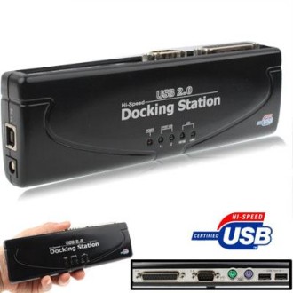 Hi-speed USB 2.0 Docking Station with 8 Ports (2xUSB 2.0 + PS2 Mouse + PS2 Keyboard + RS232 + DB25 + LAN + Upstream),Black(Black