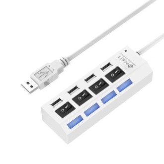 4 Ports USB Hub 2.0 USB Splitter High Speed 480Mbps with ON/OFF Switch, 4 LED(White)