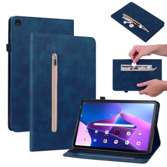 For Lenovo Tab M10 10.1 3rd Gen Skin Feel Solid Color Zipper Leather Tablet Case(Blue)