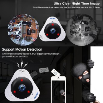 ESCAM Q8 960P 360 Degrees Fisheye Lens 1.3MP WiFi IP Camera, Support Motion Detection / Night Vision, IR Distance: 5-10m, UK Plu