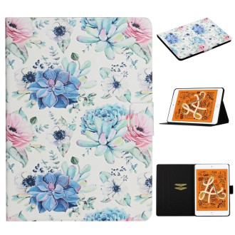 For iPad Mini 4 & 3 & 2 & 1 Flower Pattern Horizontal Flip Leather Case with Card Slots & Holder(Blue Flower On White)