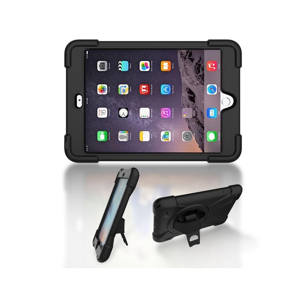 For iPad Mini 3 & 2 & 1 Shockproof Colorful Silicone + PC Protective Case with Holder & Hand Grip Strap(Black)