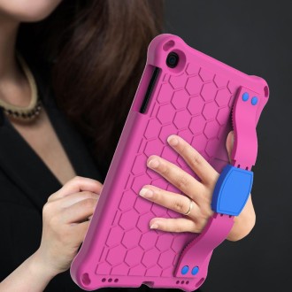 For iPad mini 5 / 4 / 3 / 2 /1 Honeycomb Design EVA + PC Four Corner Anti Falling Flat Protective Shell With Straps(Rose Red+Blu