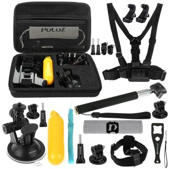 PULUZ 20 in 1 Accessories Combo Kits with EVA Case (Chest Strap + Head Strap + Suction Cup Mount + 3-Way Pivot Arm + J-Hook Buck