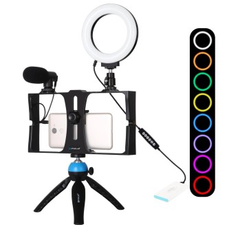 PULUZ 4 in 1 Vlogging Live Broadcast Smartphone Video Rig + 4.7 inch 12cm RGBW Ring LED Selfie Light + Microphone + Pocket Tripo