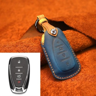 For Chevrolet Car Cowhide Leather Key Protective Cover Key Case, Four Keys Version (Blue)