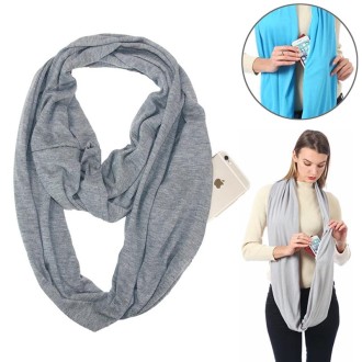 Women Solid Winter Infinity Scarf Pocket Loop Zipper Pocket Scarves (Dark Gray)