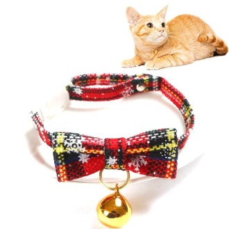 Snowflake Christmas Red Plaid Adjustable Pet Bow Tie Collar Bow Knot Cat Dog Collar, Size:S 17-30cm, Style:Small Bowknot With Be