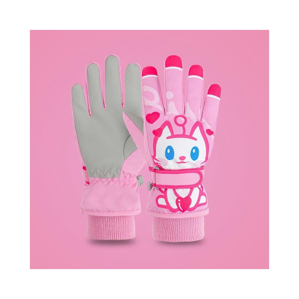 Cartoon Cat Pattern Girls Cute Cotton Gloves Children Ski Windproof and Warm Gloves Non-Slip and Waterproof Riding Gloves, Size: