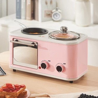 Multifunctional 4-in-one Household Breakfast Bread Coffee Machine, Three-Pin CN Plug(Pink)