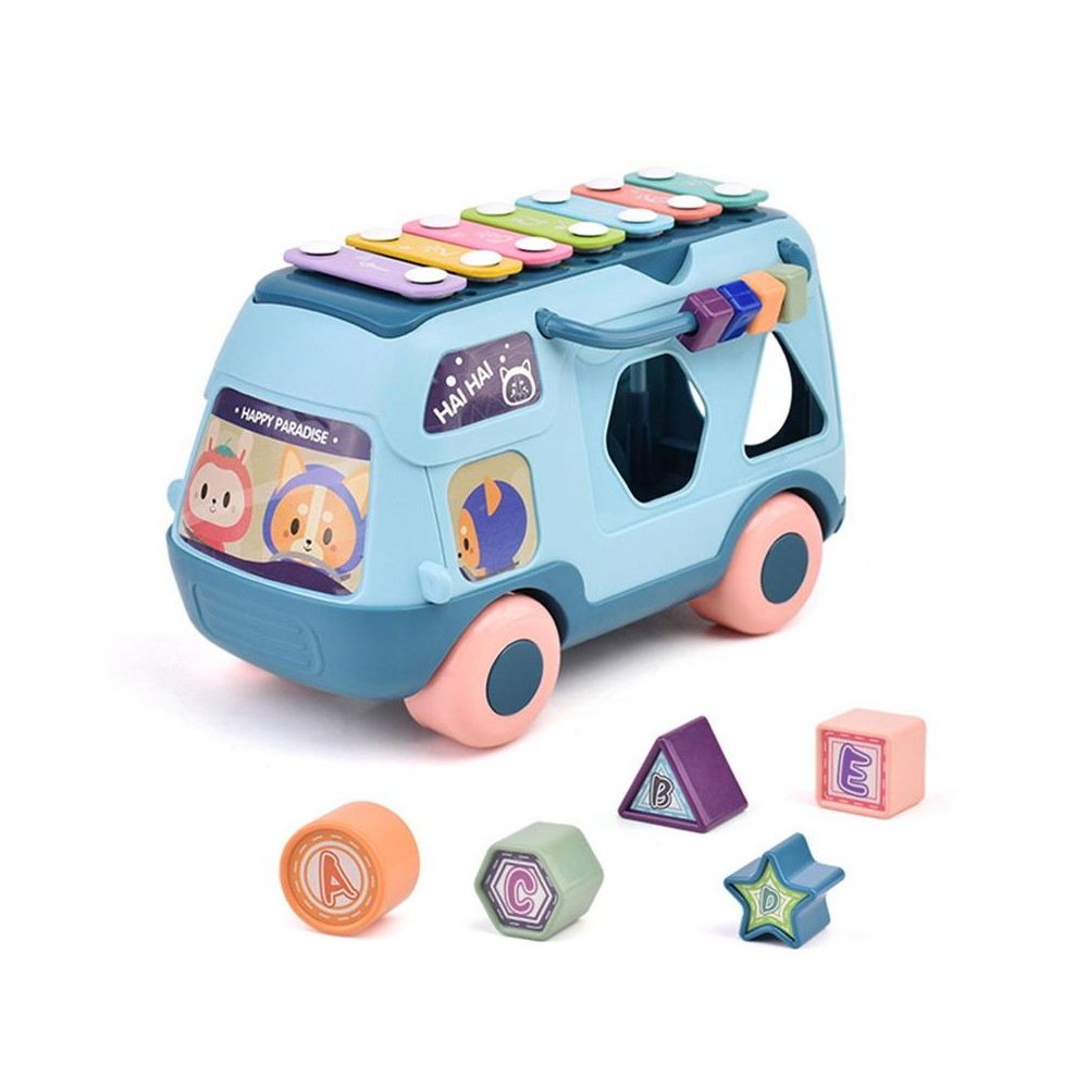 Children Multifunctional Bus Toy with Light Music Early Education Puzzle Toy(Blue)