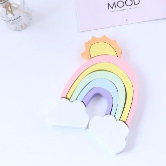 Wooden Rainbow Sun Clouds Piles of Music Blocks Children Room Decoration Photography Props(Pink)