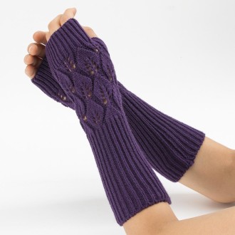 Winter Men and Women Knitted Jacquard Leaves Cycling Warm Fingerless Wool Gloves(Purple)