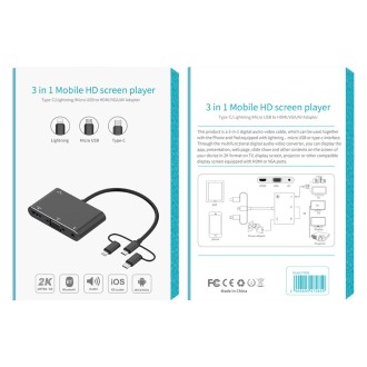 7585B 3 in 1 Micro USB / 8 Pin / Type-C to VGA / HDTV / AV Adapter Mobile HD Screen Player (Black)