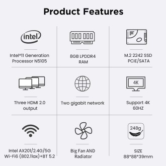 ZX01 Pro Windows 11 Mini PC, Intel Celeron N5105, Support Triple HDMI Output 8GB+128GB(UK Plug)