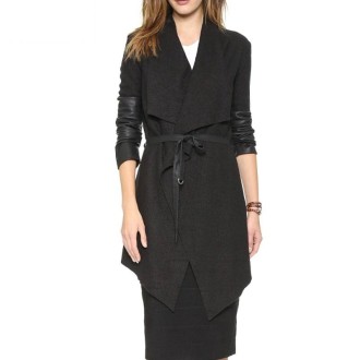 Splicing Sleeves Bandwidth Loose Collar Woolen Coat (Color:Black Size:M)