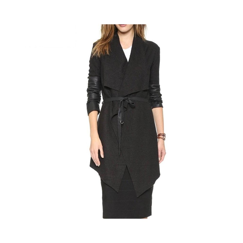 Splicing Sleeves Bandwidth Loose Collar Woolen Coat (Color:Black Size:M)