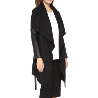 Splicing Sleeves Bandwidth Loose Collar Woolen Coat (Color:Black Size:M)