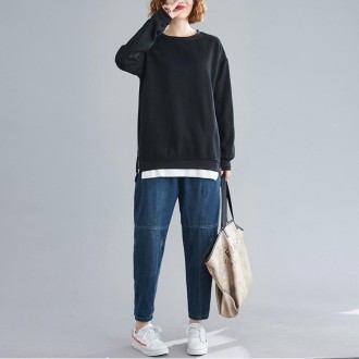 Loose Belly Slimming Top Plus Velvet Thick Sweater (Color:Black Size:XXXL)