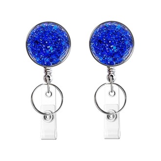 2pcs  Diamond Glitter Sequins Retractable Pull Badge Reel Name Tag Card Badge Holder(Navy Blue)