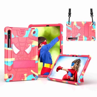 For Samsung Galaxy Tab S7 / S8 Spider Texture Silicone Hybrid PC Tablet Case with Shoulder Strap(Camouflage + Rose Red)