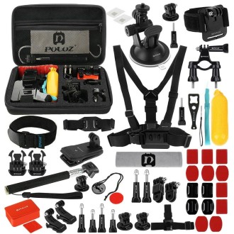 PULUZ 53 in 1 Accessories Total Ultimate Combo Kits with EVA Case (Chest Strap + Suction Cup Mount + 3-Way Pivot Arms + J-Hook B