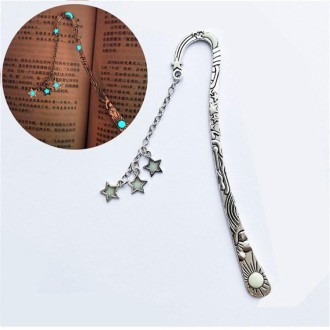 Luminous Sun Moon Star Bookmark Retro Pentagram Glowing Metal Bookmark(Ancient Silver Stars)