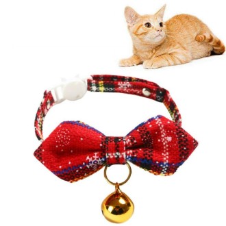 Snowflake Christmas Red Plaid Adjustable Pet Bow Tie Collar Bow Knot Cat Dog Collar, Size:S 17-30cm, Style:Pointed Bowknot With 