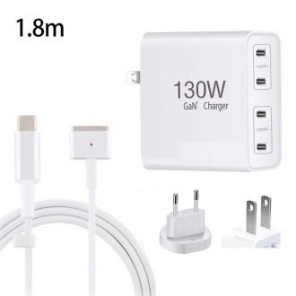 GaN 130W 4-Port USB-C PD65W / PD30W Multi Port Type-C Charger with  1.8m Type-C to MagSafe 2 / T Header Data Cable US / EU Plug