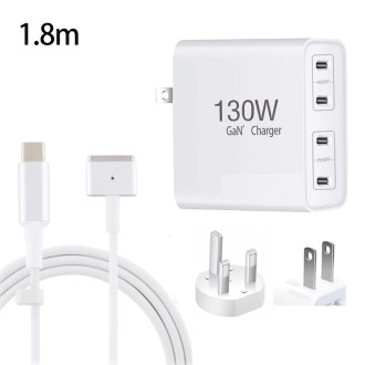 GaN 130W 4-Port USB-C PD65W / PD30W Multi Port Type-C Charger with  1.8m Type-C to MagSafe 2 / T Header Data Cable US / UK Plug