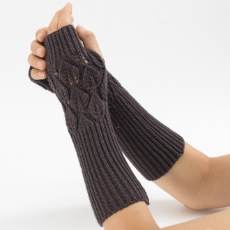 Winter Men and Women Knitted Jacquard Leaves Cycling Warm Fingerless Wool Gloves(Deep Gray)