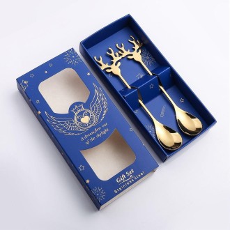 2pcs /Pack Christmas 304 Stainless Steel Deer Stirring Spoon Coffee Dessert Scoop, Color: Gold+Blue Box