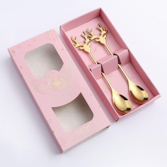 2pcs /Pack Christmas 304 Stainless Steel Deer Stirring Spoon Coffee Dessert Scoop, Color: Gold+Pink Box