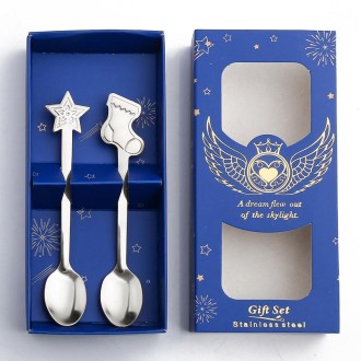 2pcs /Pack Christmas Stainless Steel Spoon Tableware Gift Set, Color: Blue Box Silver Socks+Stars